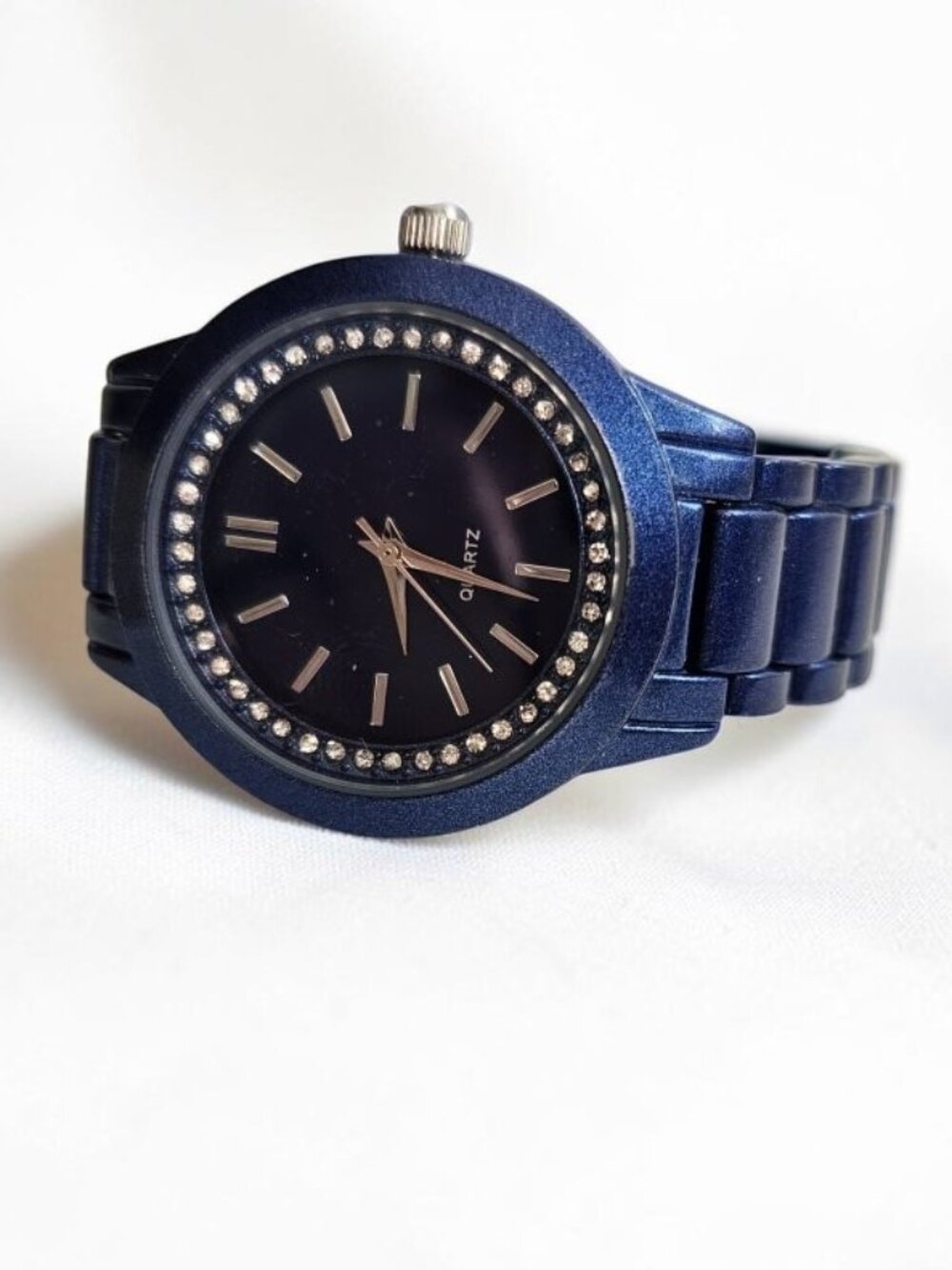 Blue Metal Rhinestone Trim Ladies Stainless Steel Quartz Watch